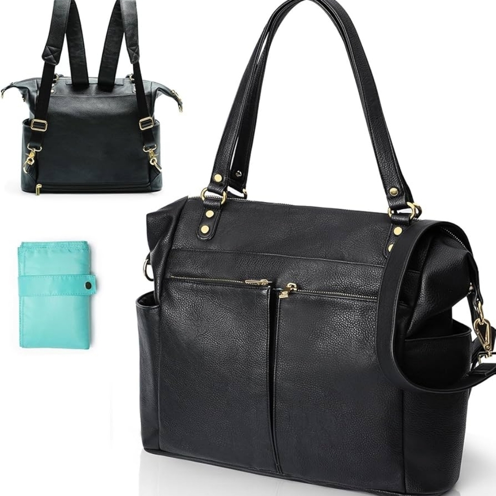 Mominside Black Leather Baby Diaper Bag Backpack, 14 Pockets & Changing Pad